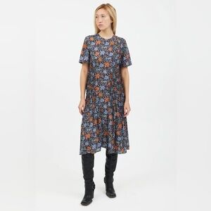 NWT Acne Studios Navy Floral Pleated Midi Dress Wedding Guest EU 36